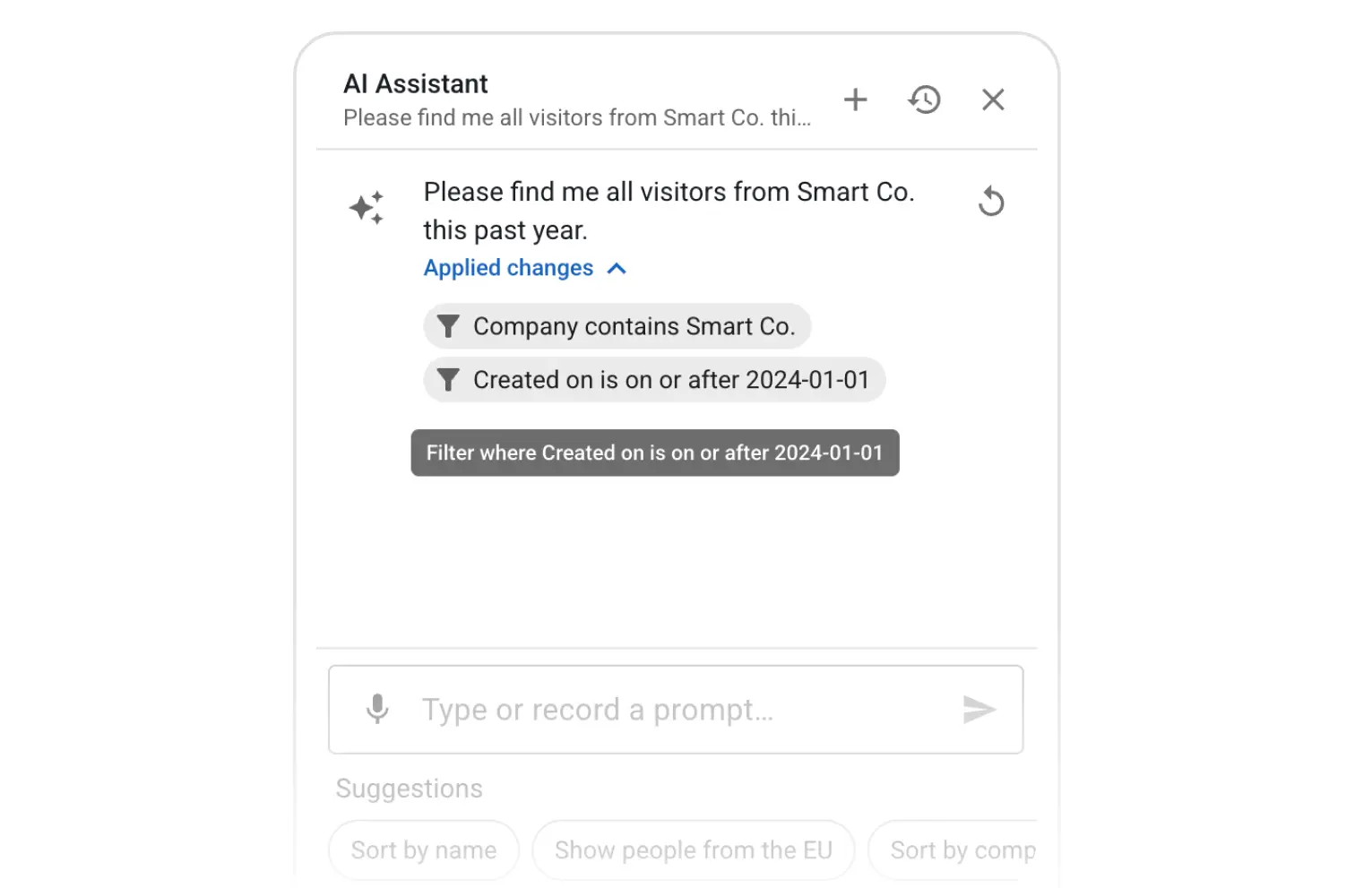 a screenshot of an ai assistant asking for visitors from smart co.